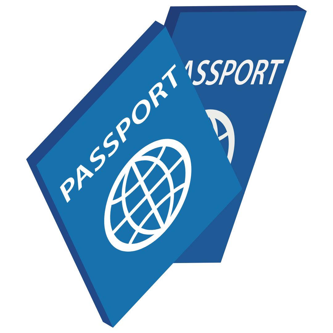 Two blue passports, tilted, with the word
