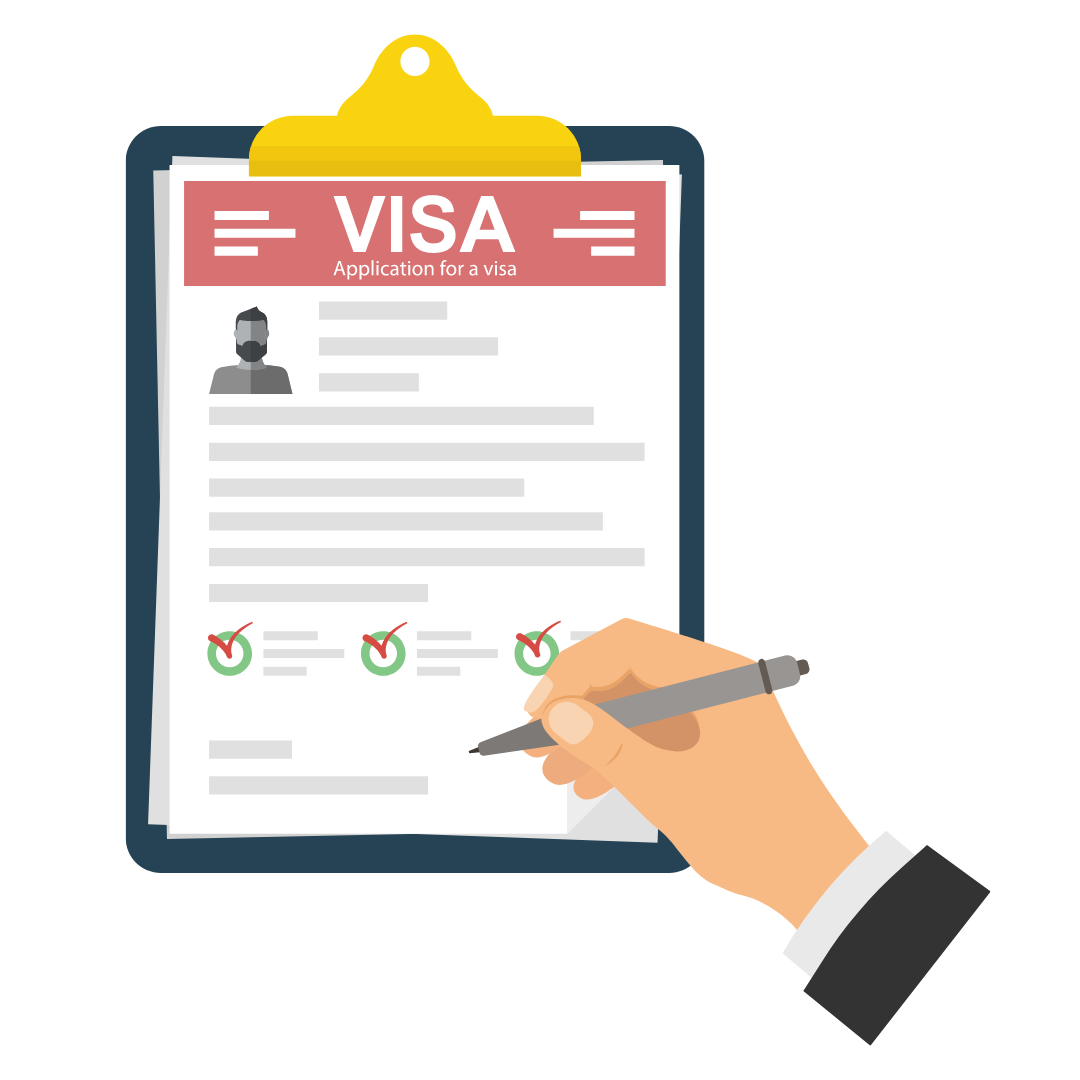A hand filling out a visa application form on a clipboard.