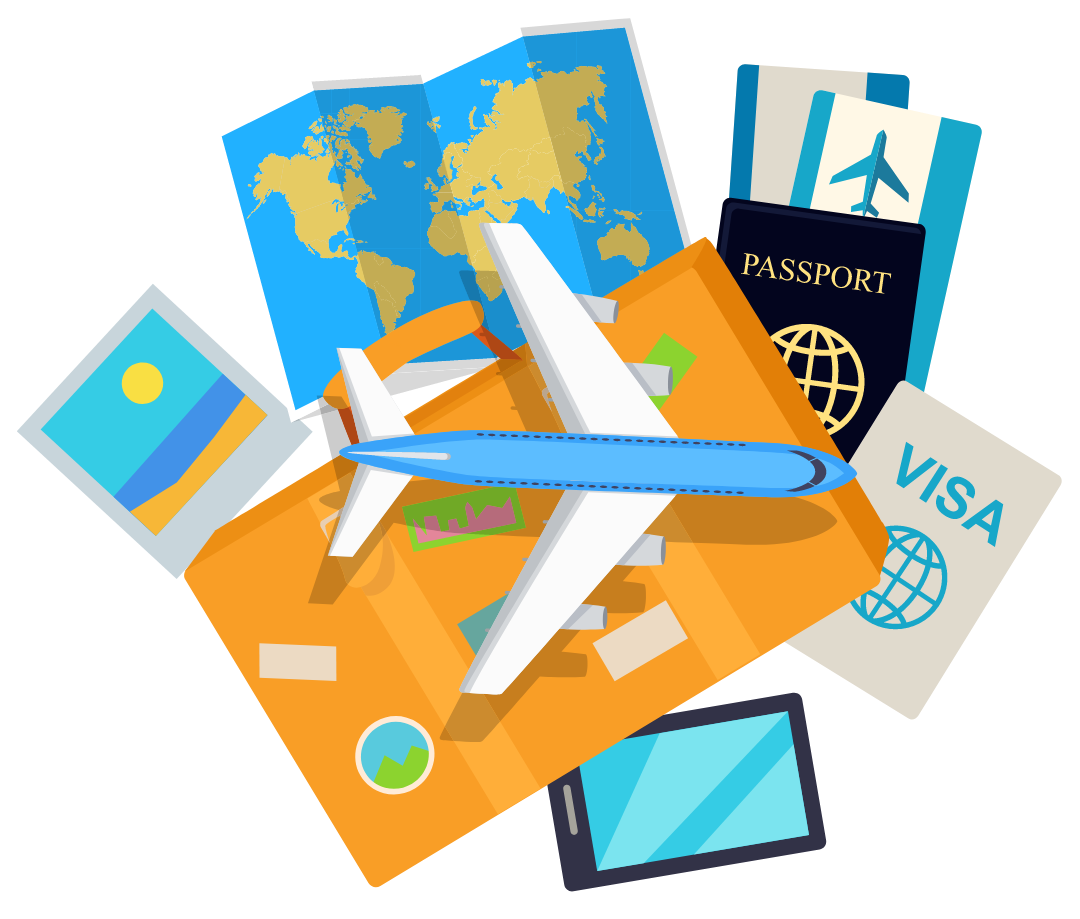 A blue airplane flying over an orange suitcase, surrounded by a world map, passport, visa document, and digital tablet.