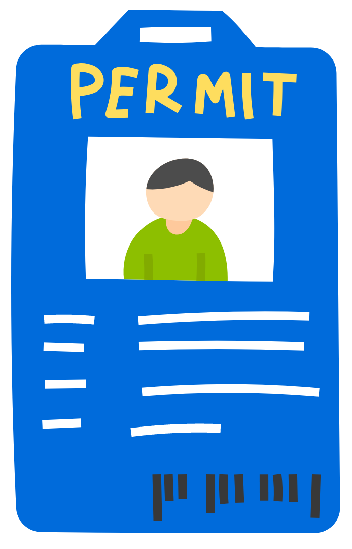A blue identification permit card featuring a portrait illustration and a barcode at the bottom.