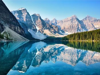Mirror reflection of the Valley of the Ten Peaks and a lush forest in the clear, turquoise water of Moraine Lake.