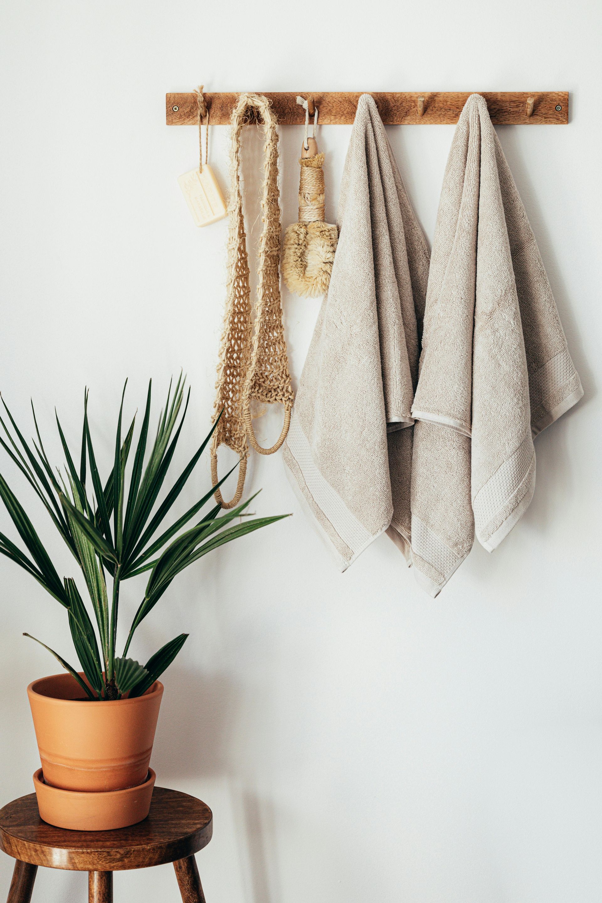 A potted plant is sitting on a wooden stool next to a rack of towels hanging on a wall.