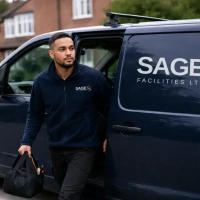 Sage Facilities engineer arriving at a customer property