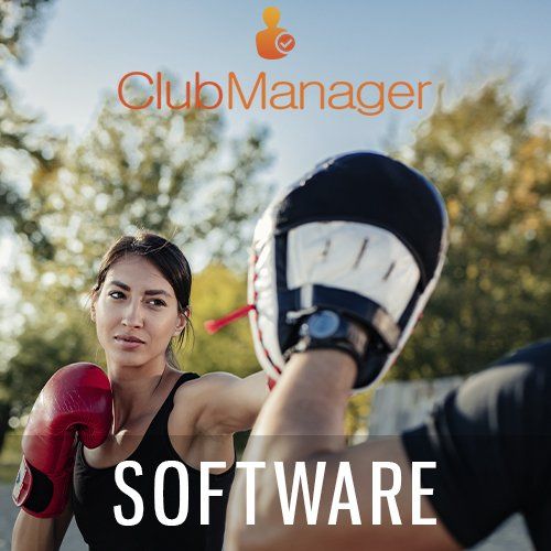 Female practicing punching into a boxing glove with a clubmanager software logo above them