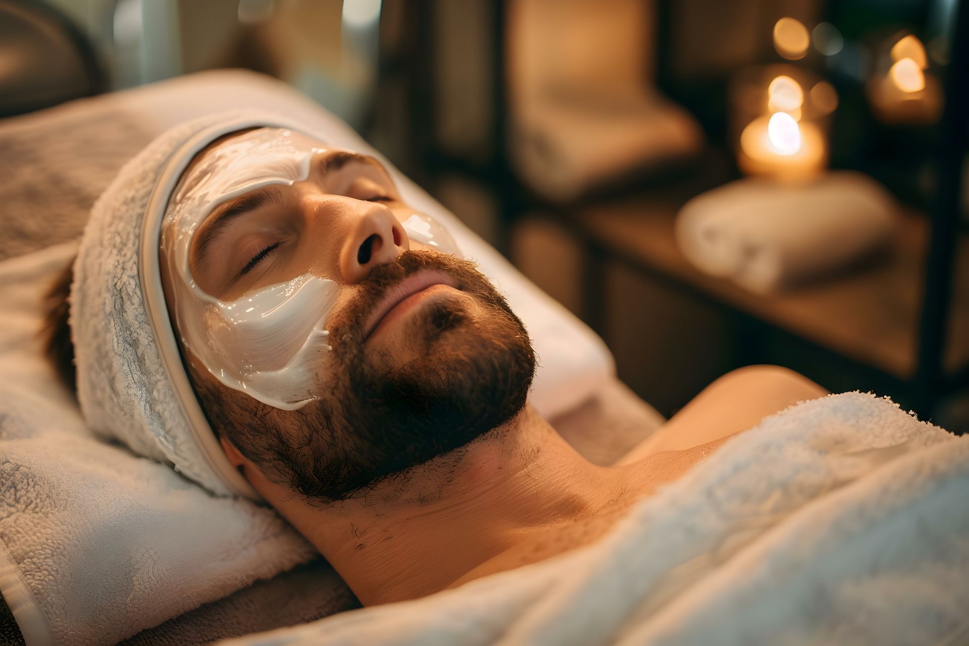 A man is laying on a bed with a mask on his face.
