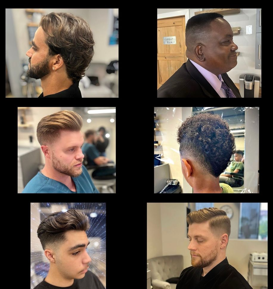 A collage of four pictures of men with different hairstyles