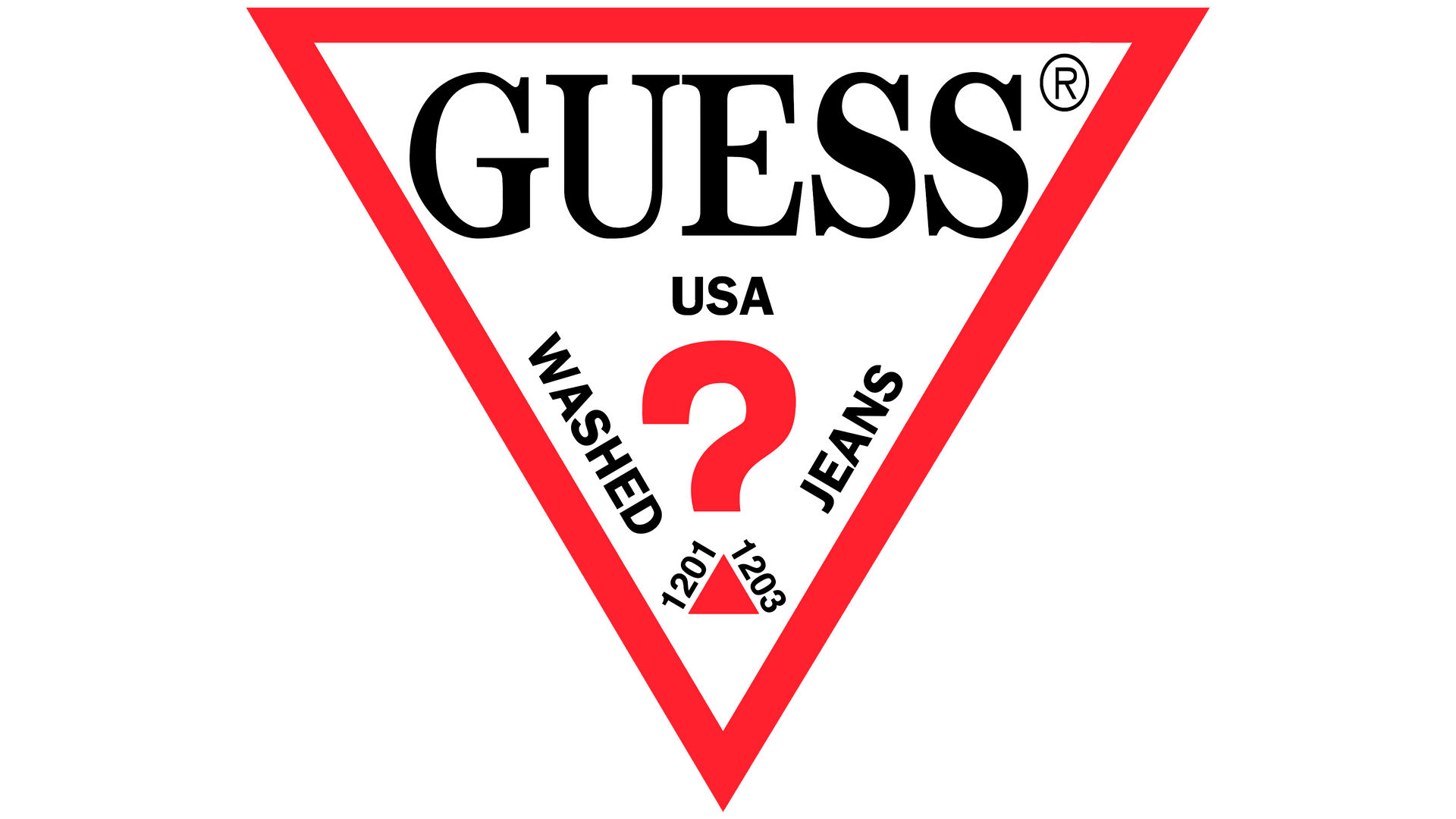 Il logo GUESS: un triangolo rosso contenente la parola GUESS, la scritta 