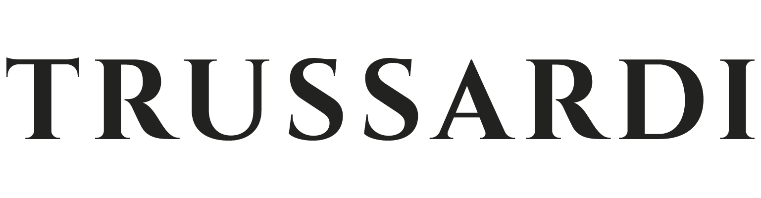 Il logo nero del marchio Trussardi, scritto con un carattere serif classico e audace su sfondo bianco.