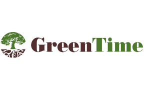 Logo per GreenTime, con l'icona di un albero verde con radici marroni accanto al nome del marchio in testo marrone e verde.