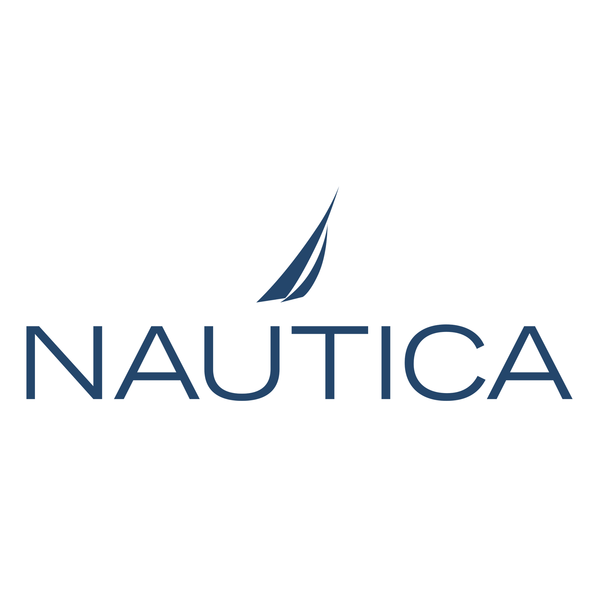 Logo Nautica di colore blu scuro con una vela di barca stilizzata sopra il nome del marchio, in un carattere serif, su sfondo bianco.