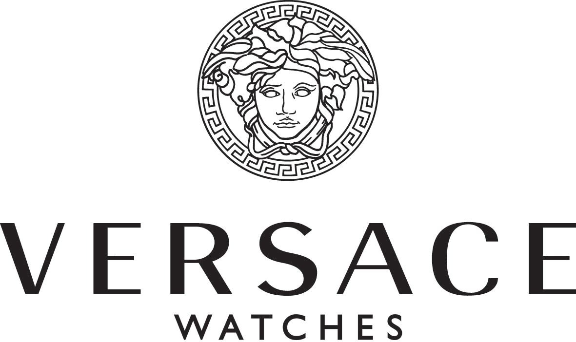 Il logo di Versace Watches, con l'emblema della testa di Medusa centrato sopra il testo, in un design nero su sfondo bianco.