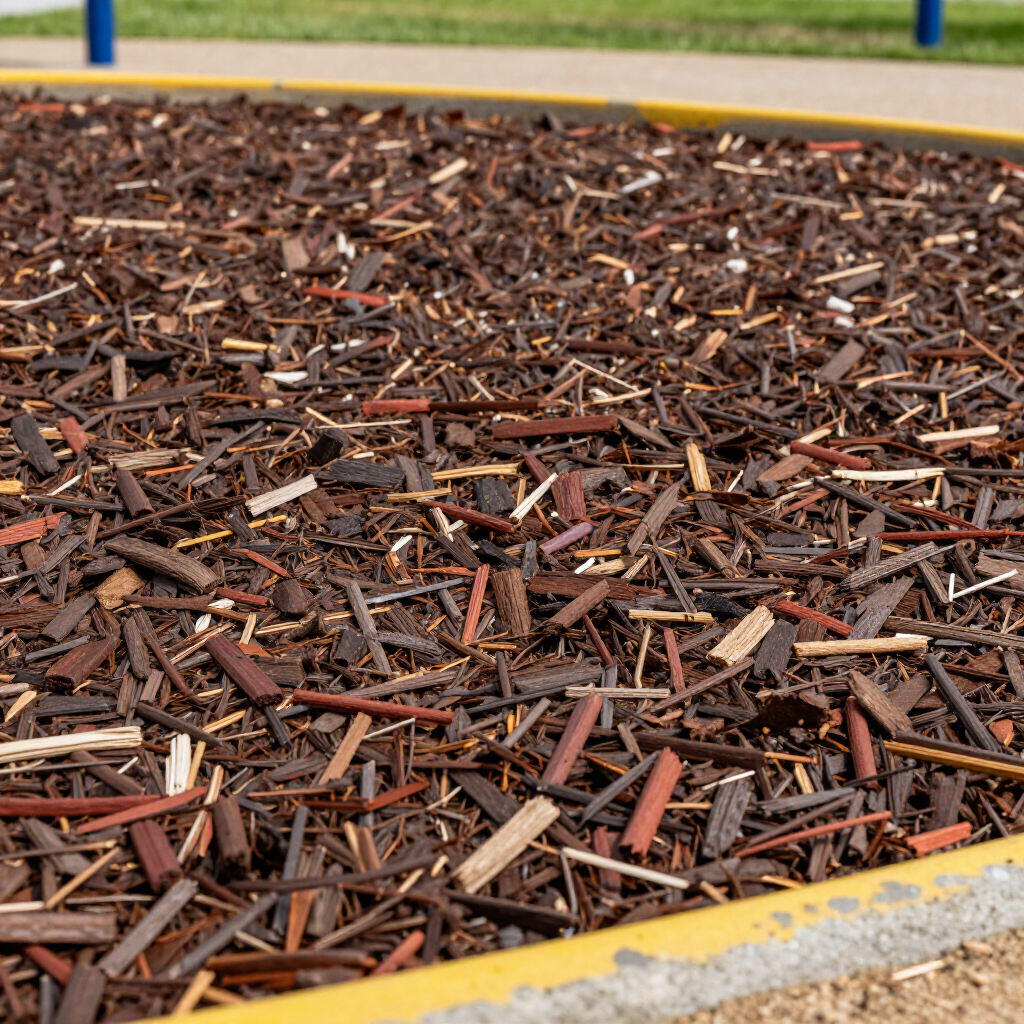 A mulch bed with brown wood chips bordered by a yellow-painted curb.