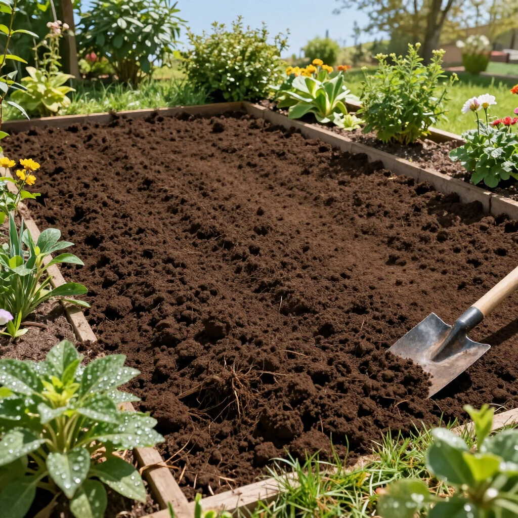 Freshly turned garden soil in a raised bed with a hand trowel and blooming plants around it