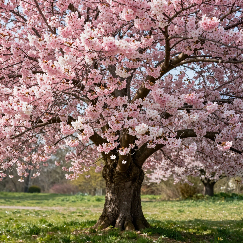 Pink cherry blossom tree in full bloom in a grassy park under a clear sky