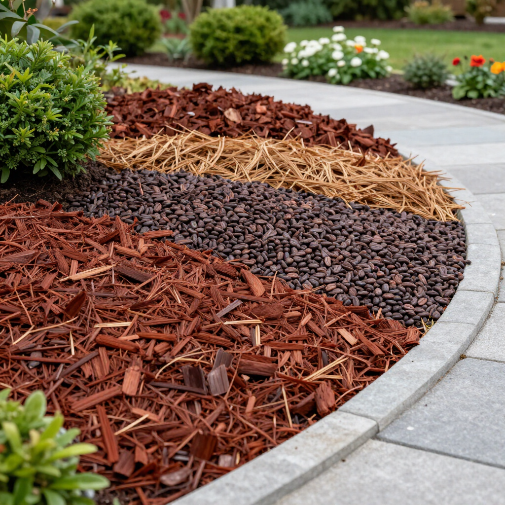 Curved garden bed with red bark, brown mulch, and dark stones beside a paved walkway