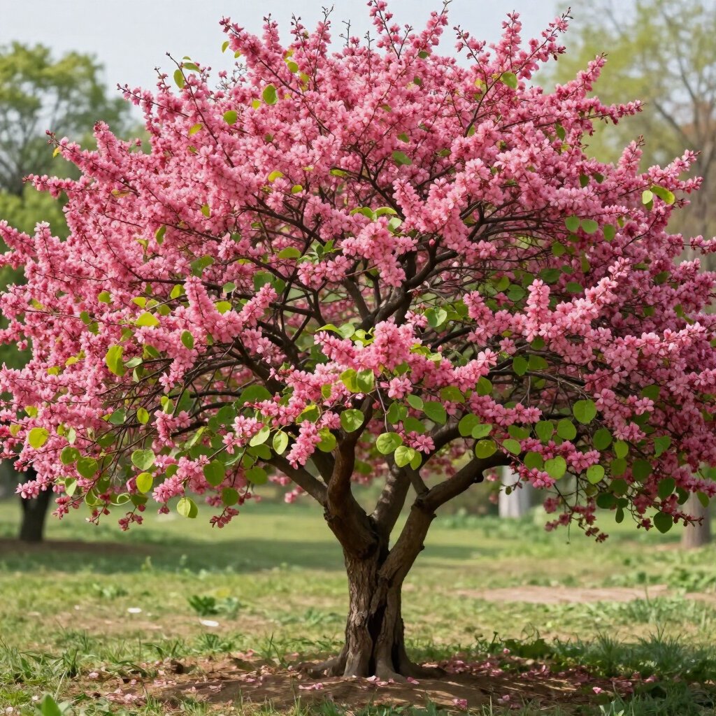 Pink flowering tree in a grassy park with a thick trunk and full blossom canopy
