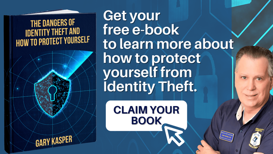 A man is standing next to a book titled the dangers of identity theft and how to protect yourself
