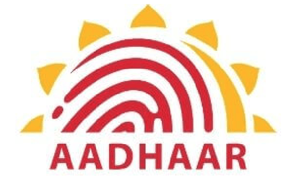 A red and yellow logo for aadhaar with a sun in the background