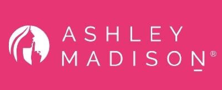 The ashley madison logo is on a pink background