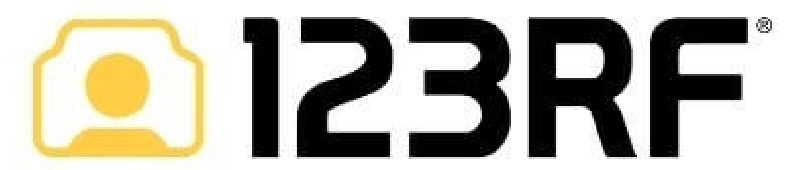 A black and yellow logo for 123rf on a white background