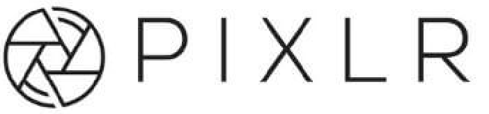 A black and white logo for pixlr with a camera lens.