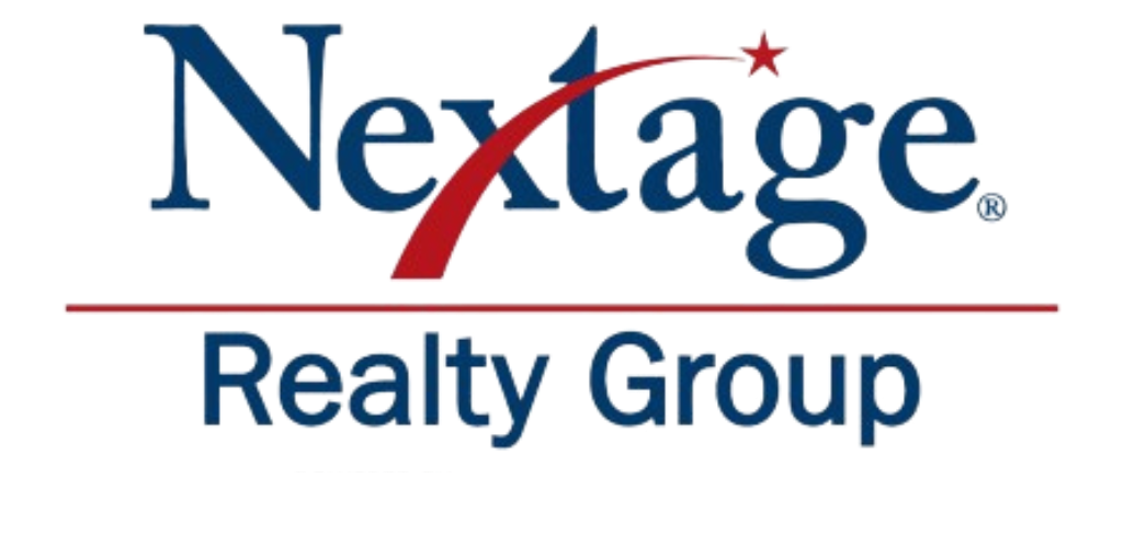 A blue and red logo for nextage realty group