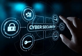 A person is pressing a button on a screen that says cyber security.