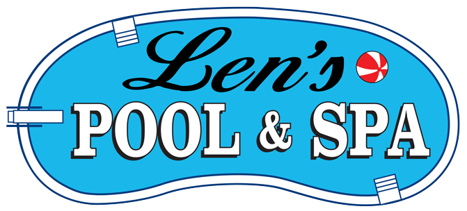 Len's Pool & Spa logo in blue and white with red accents