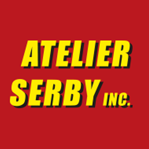 Texte jaune « ATELIER SERBY INC. » sur fond rouge
