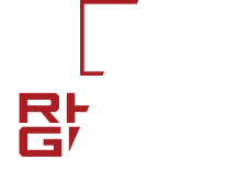 Logo RG stylisé rouge avec un fin contour carré sur fond blanc