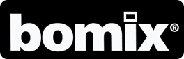 Logo « bomix » blanc sur fond noir.
