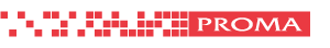 Logo PROMA rouge sur fond blanc avec une icône carrée pixélisée à gauche