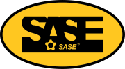 Logo SASE ovale jaune avec texte noir et petite icône d'engrenage