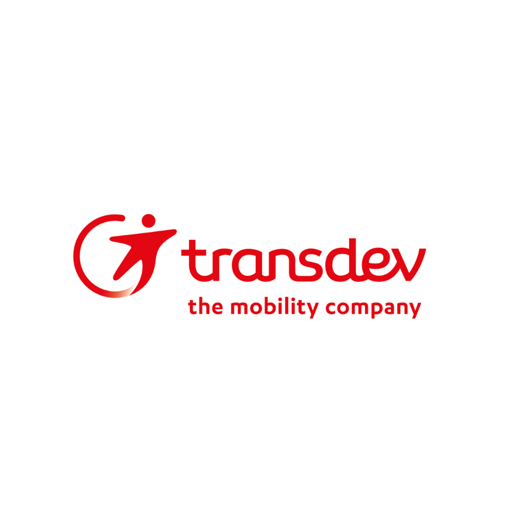 A red and white logo for transdev the mobility company