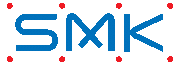 A blue smk logo with red dots on a white background.