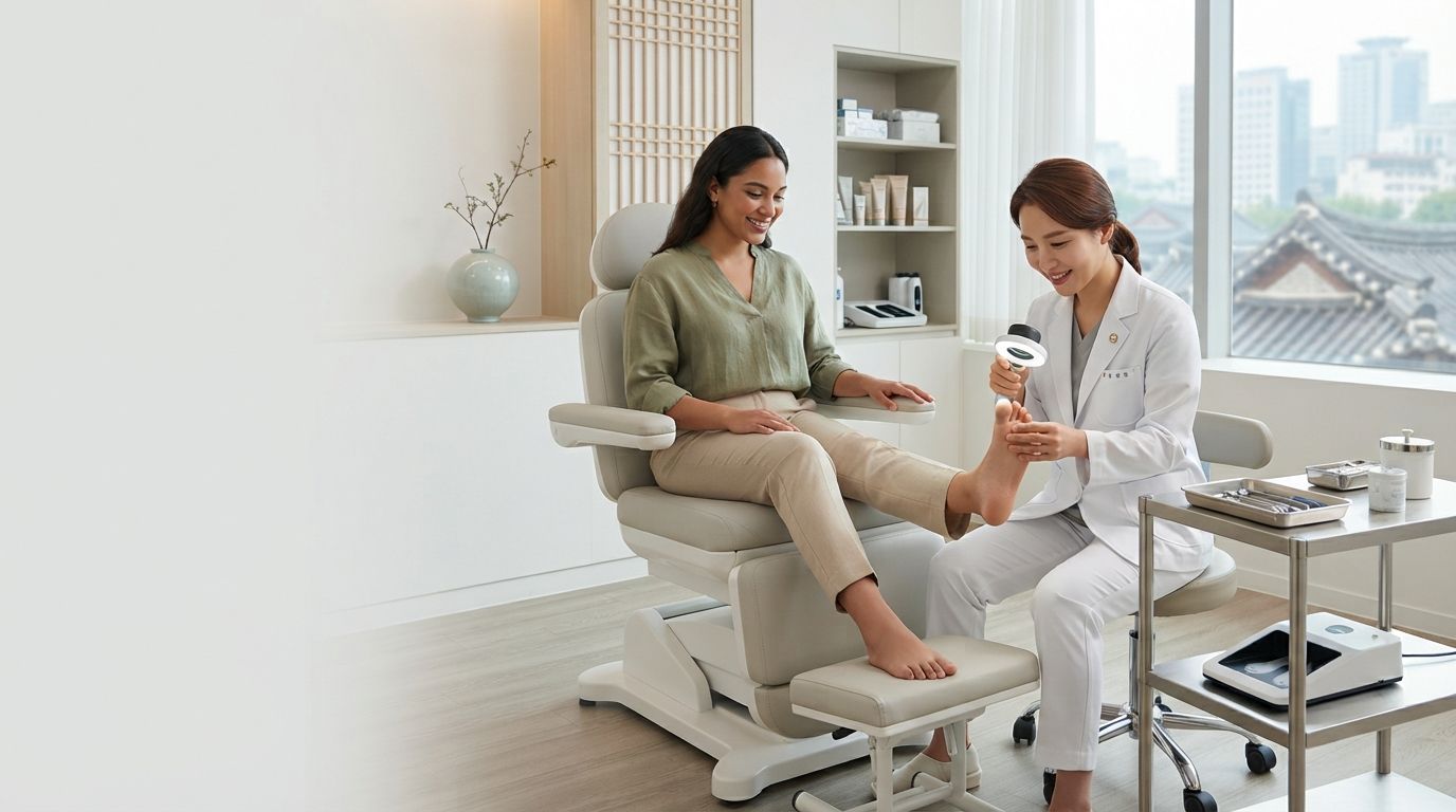 International traveler receiving athlete's foot assessment at a clinic near Jongno Seoul