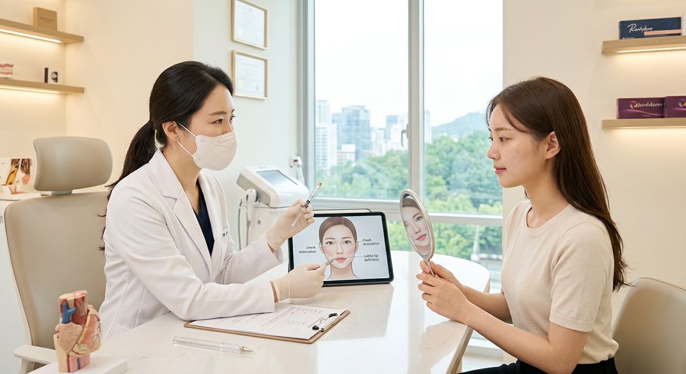 A Korean dermatologist plans a subtle, natural dermal filler treatment in a Seoul clinic.