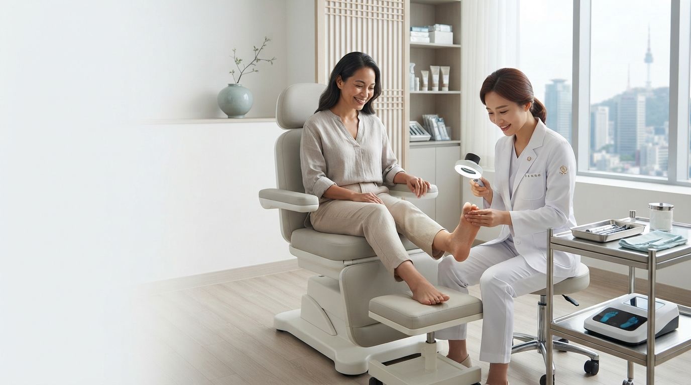 International patient receiving a diabetic foot care consultation at a medical clinic in Seoul