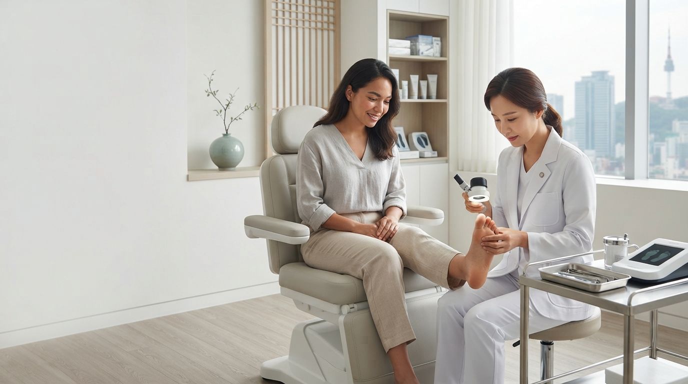 International patient receiving professional foot odor assessment at a medical clinic in Korea