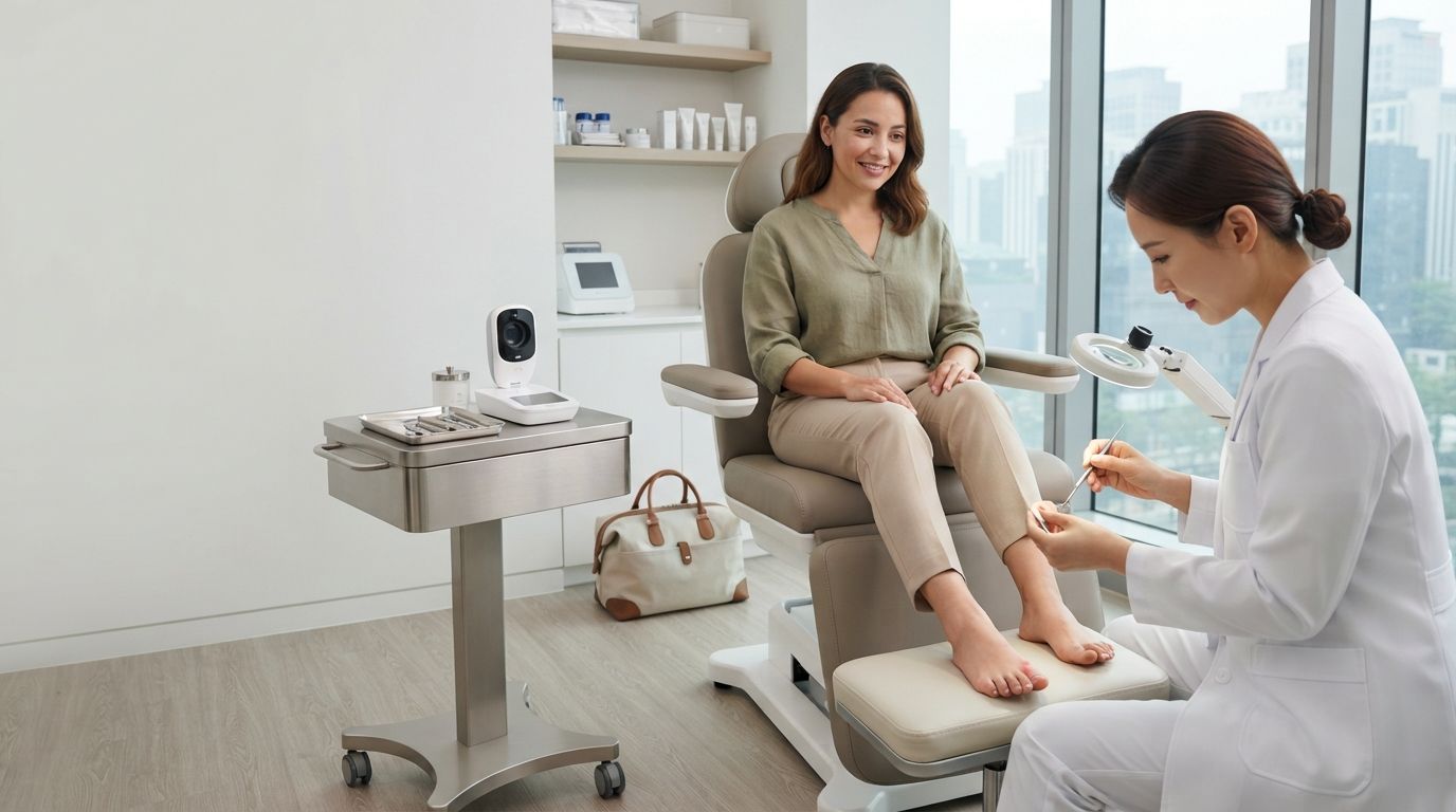 International traveler receiving professional ingrown toenail assessment at a medical clinic in Kore