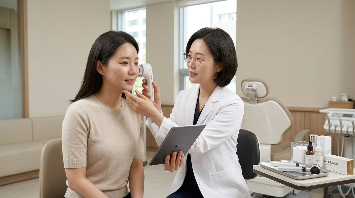Dermatologist consulting a patient about microneedling and skin booster treatment in Korea