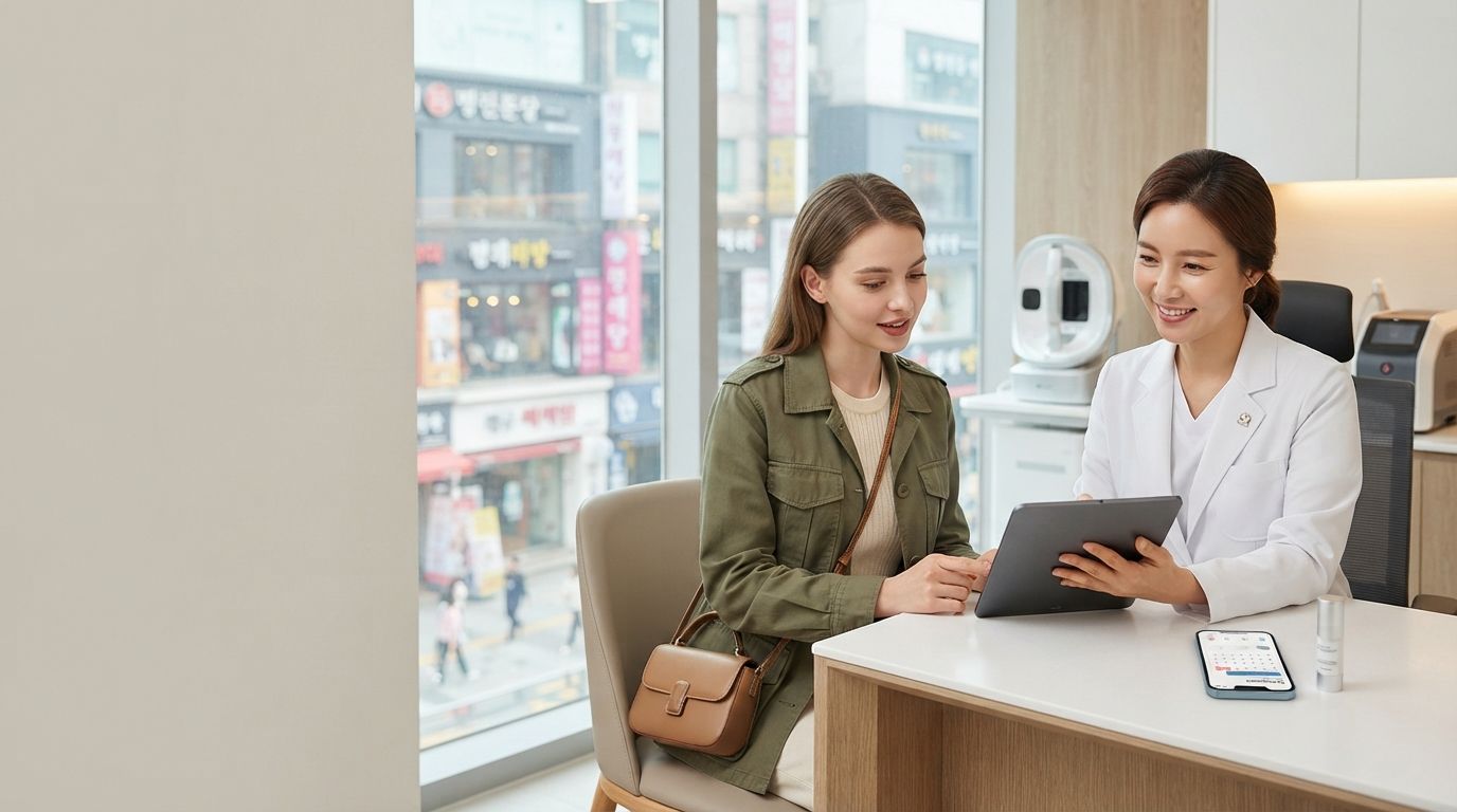 International traveler consulting a dermatologist during a one-day beauty itinerary in Myeongdong Se