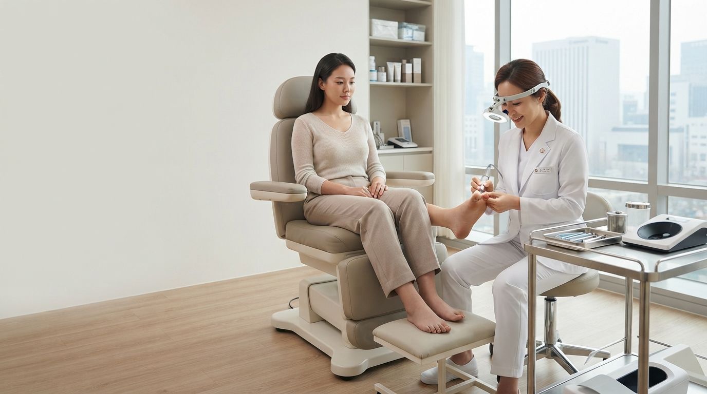 International traveler receiving professional thick toenail treatment at a medical foot-care clinic