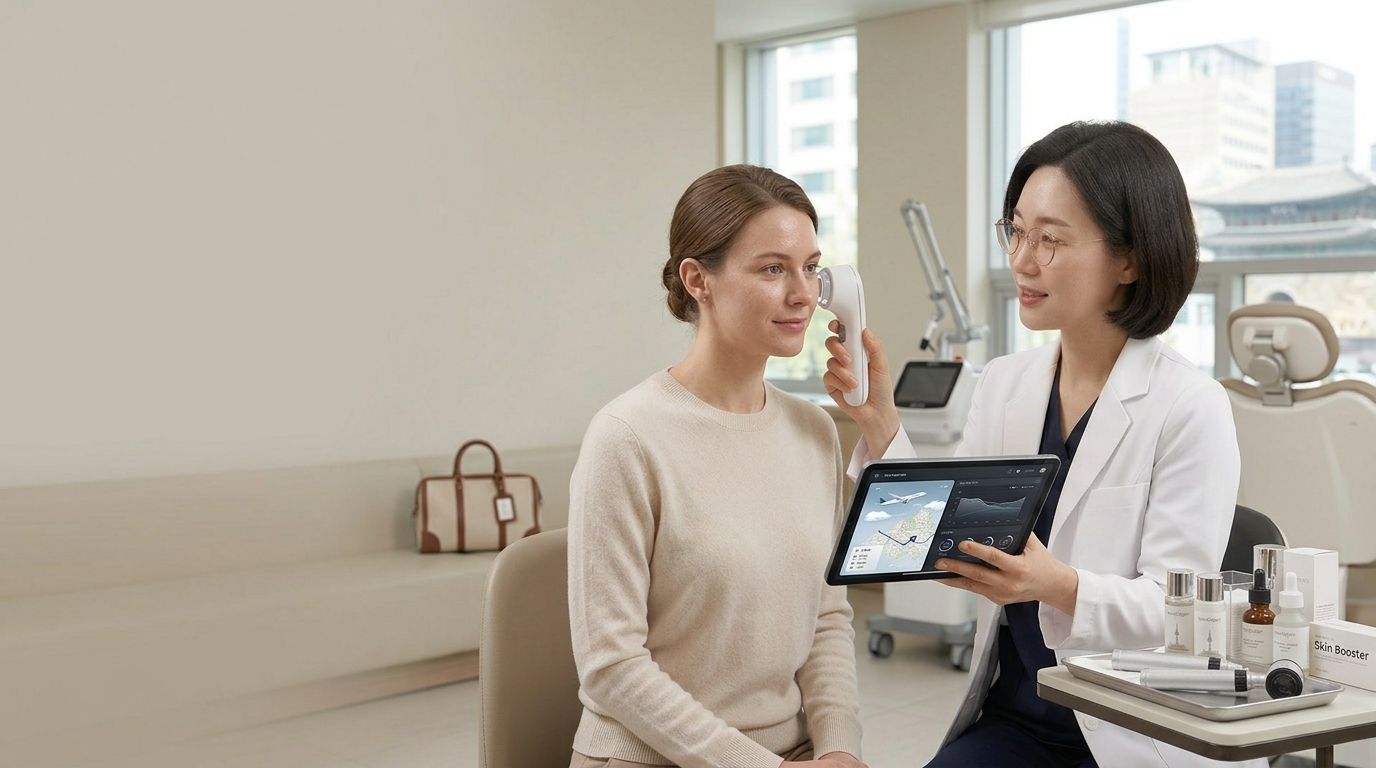 International traveler consulting a dermatologist for a weekend skin makeover in Seoul