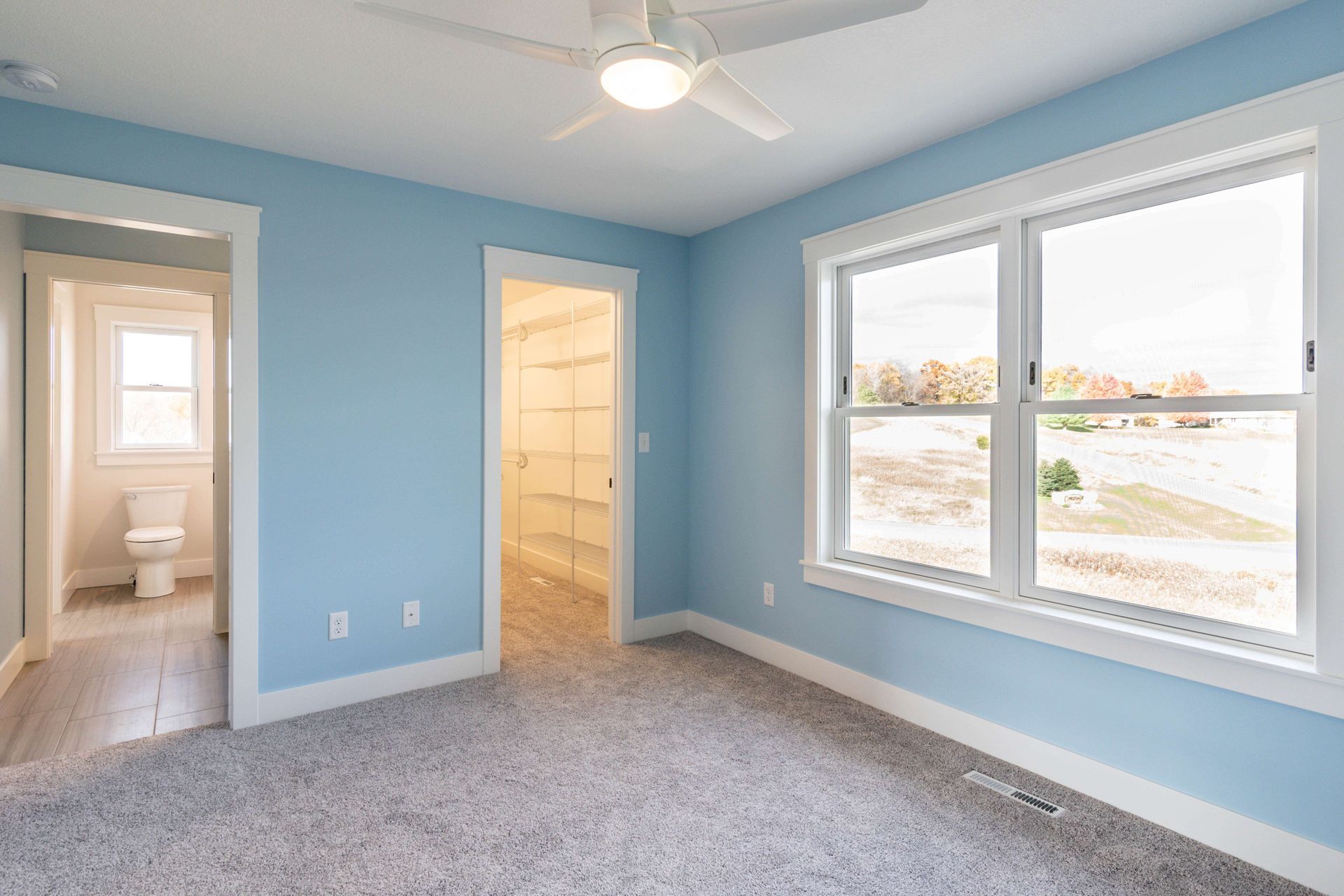 Blue bedroom with white trim, a walk-in closet, and a view through a large window.