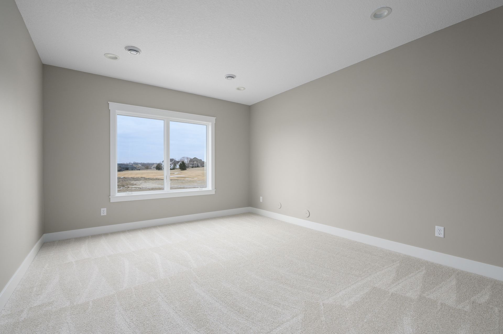 Empty room with beige walls, white trim, and a window overlooking a landscape. Light carpet.