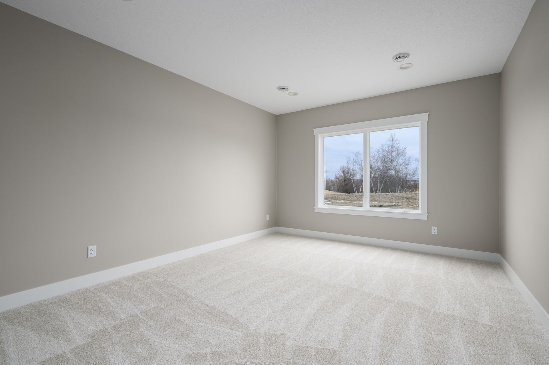 Empty room with beige walls, white trim, carpet, and a window overlooking a landscape.