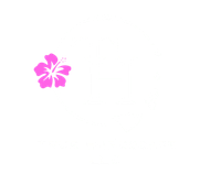 true hardscape logo design with hawaiian islands and bright pink hibiscus flower