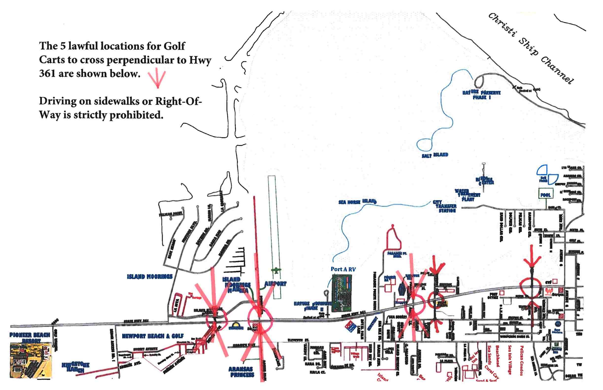 Annotated map with red routes, labels, and a small inset photo in the lower left.