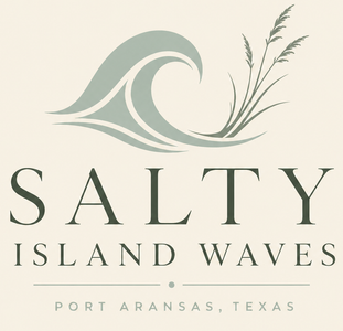 Salty Island Waves logo with sea wave and grass, Port Aransas, Texas